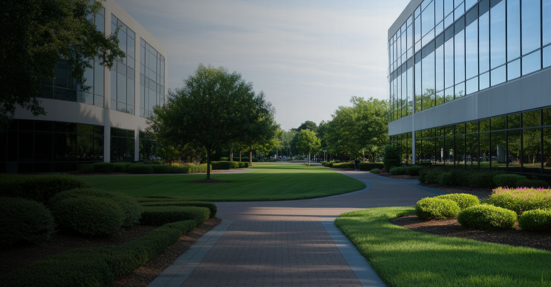 Commercial property with a vibrant green lawn perfectly edged along a brick pathway